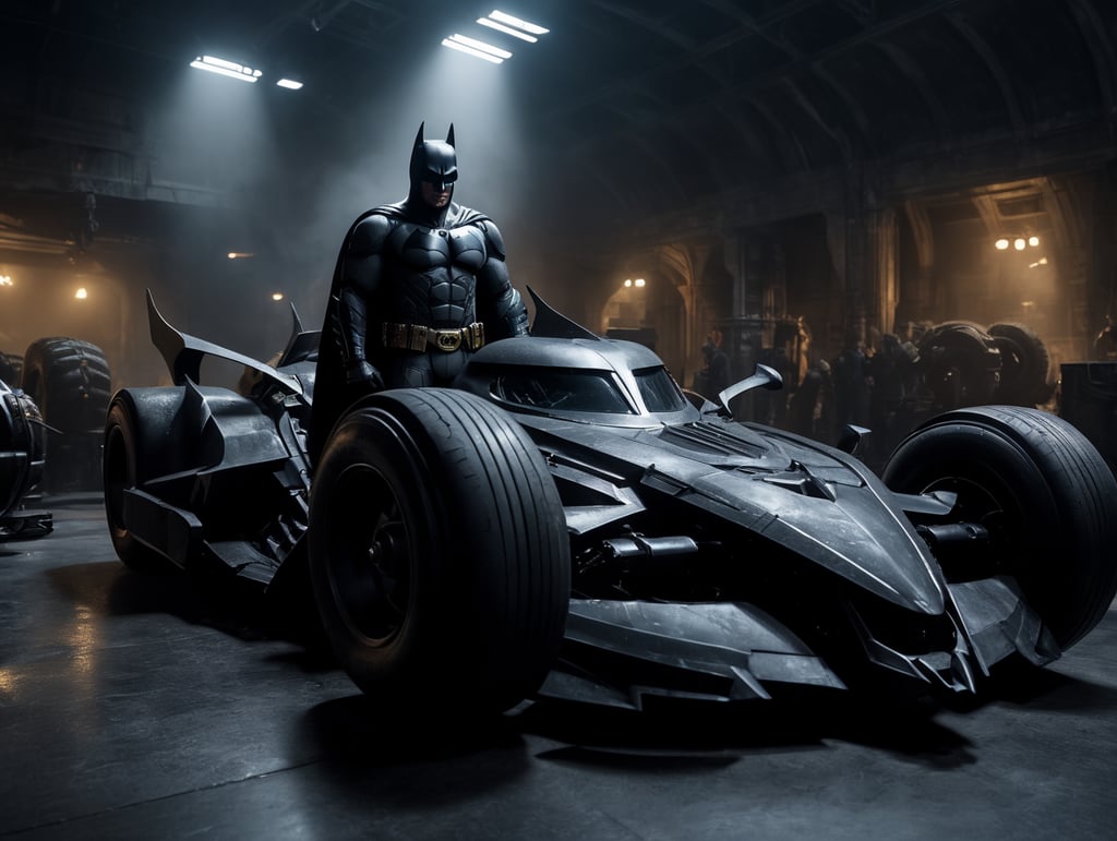 batman standing on batmobile