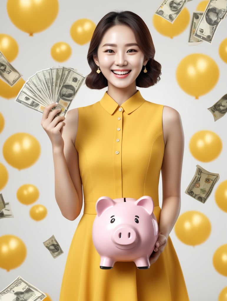 4k high resloution hd image,Korean woman happy smile lady and holding piggy bank with money, dresses yellow, isolated over white background