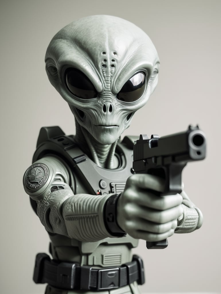 An alien pointing a Glock-19 at the camera