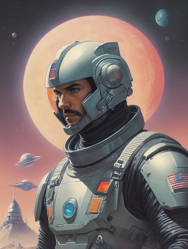 artwork 80s, space fantasy, hero, 80s style drawing