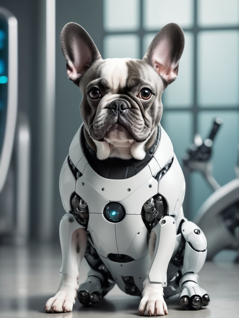 french bulldog sitting down with robot legs with futuristic background