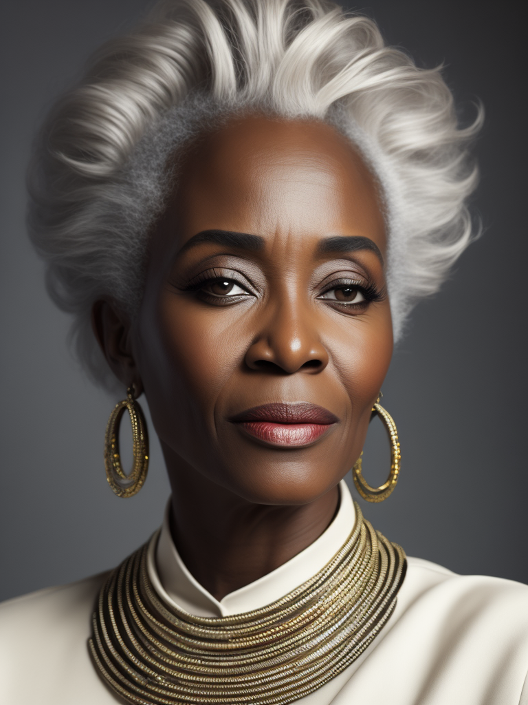 A 50yr old African supermodel with classic Chanel make-up and beautifully styled volume hair, beautiful pores and skin texture, detailed high resolution image, grey hair, Dior makeup, award winning fashion editorial image, soft lighting, gentle expression, she is content with her age