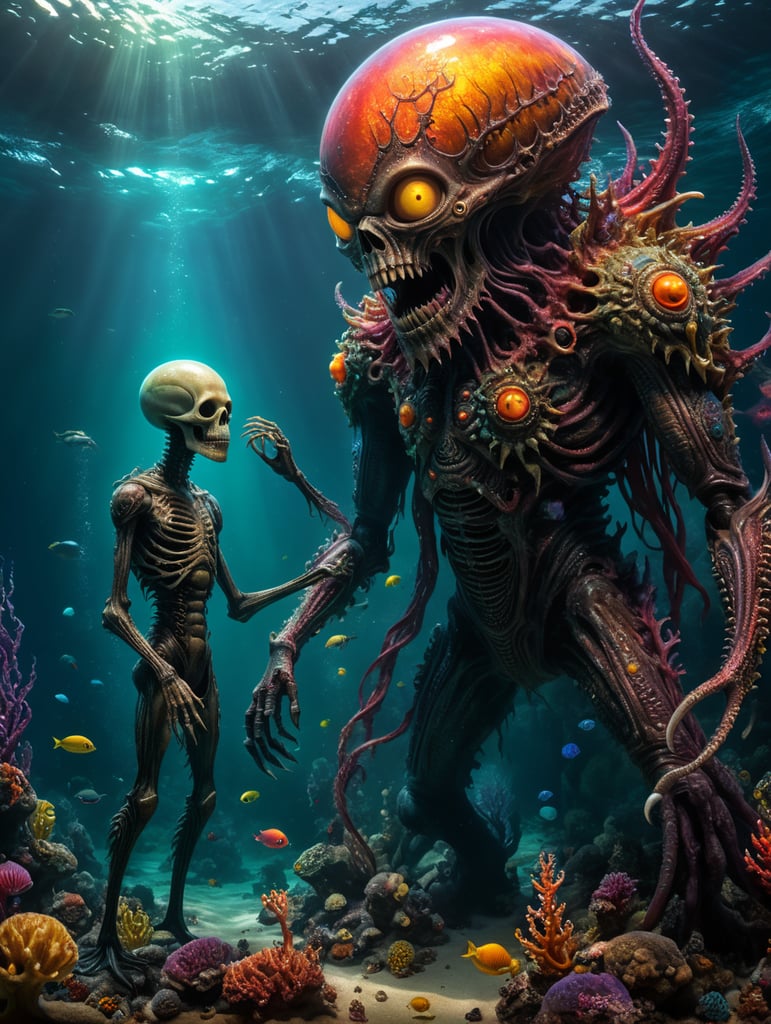 A Horror macabre creature standing under a deep ocean holding the hand of a little bright fantastical alien creature ((expressionism, Bright Colours, Professional Photography, contemporary)) : Ultra-realistic, ultra-photographic, HDRI, sharp Focus,