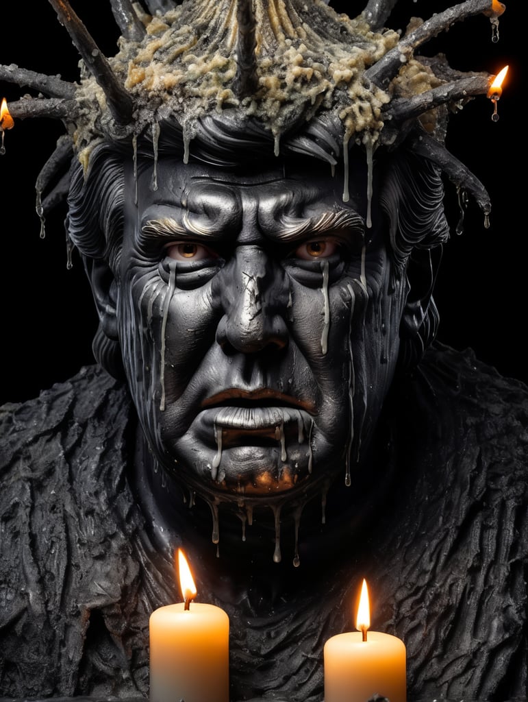 a photo of the scary Donald Trump, personification of grief covered with candles and hot wax, covering the face with its hands, black tears dripping from the cheeks, the whole statue is covered in dense cobwebs and grease, highly detailed, black isolated cave, tarnished, grunge, glowing cracks