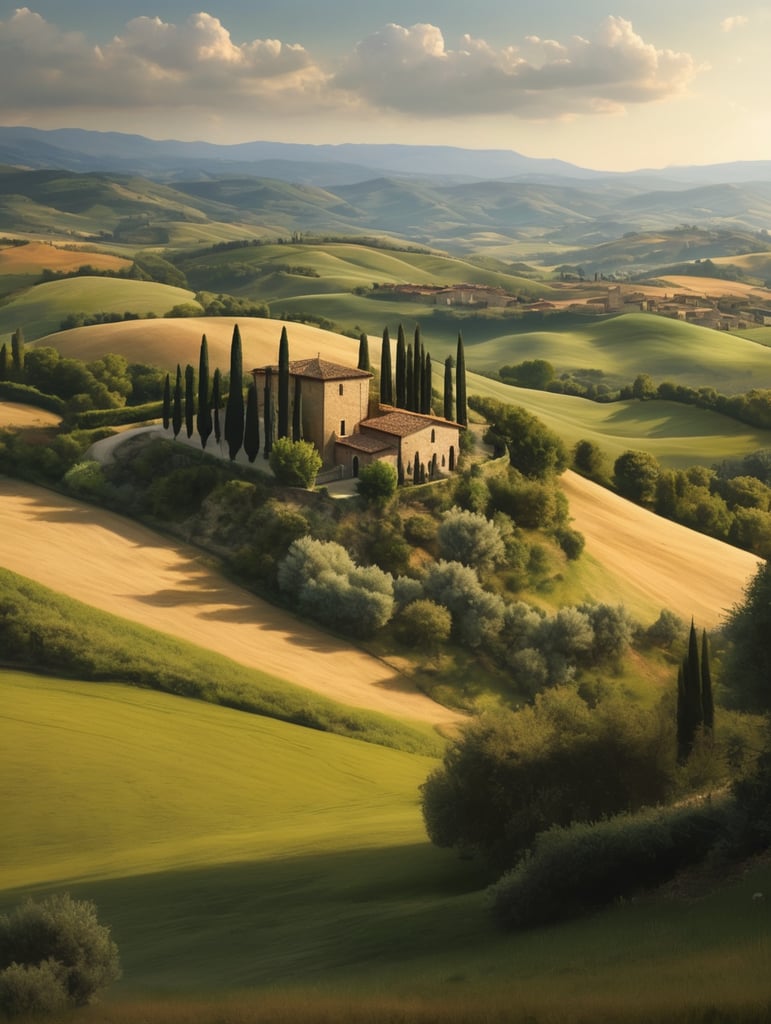 Italian landscape tuscany, photorealistic, serene, peaceful, majestic, high detail, landscape, ultra hd, matte painting, highly detailed, concept art, contrast light, deep colors