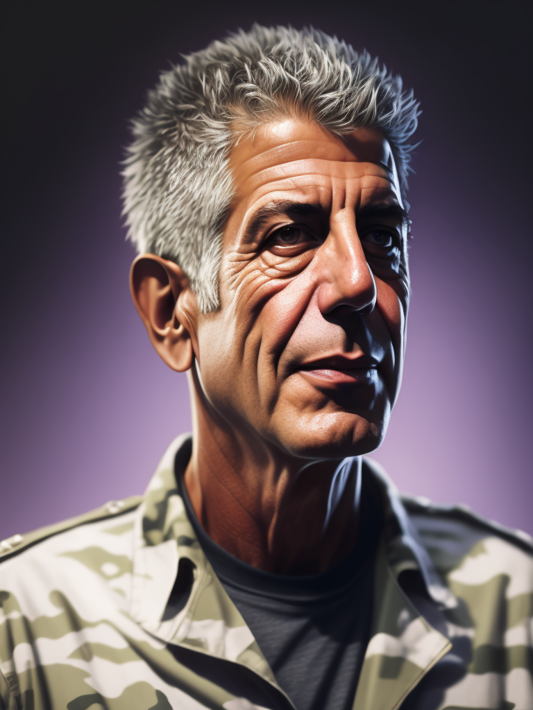 anthony bourdain in camouflage jacket and drink a morning coffee at the terrace use a light suit with black thick rims, sharp focus, highly detailed, vintage style