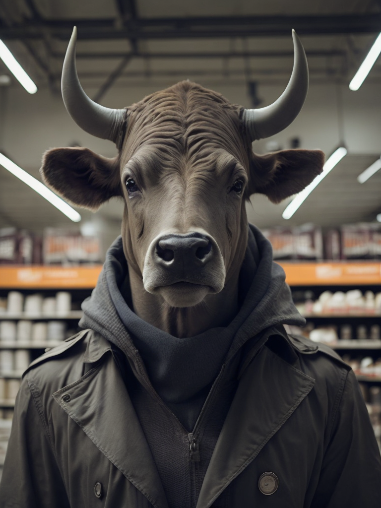 Bull look like a human stylized as a security guard in the supermarket