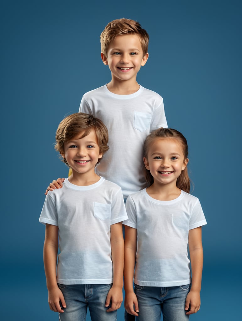 a boy and girl wearing white t-shirts, standing in front of blue background, blank shirts no print, 16 years old smiling toddlers, photo for apparel mock-up