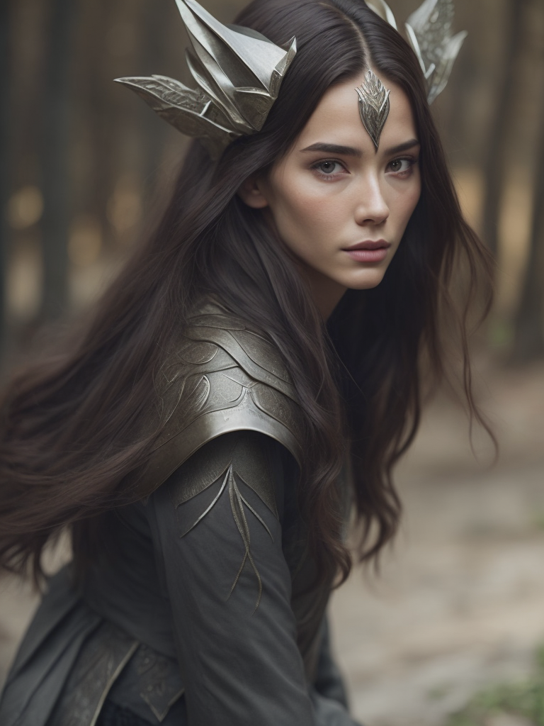 An elf in LOTR movie style, androgene face, long straight silver hair,gray and silver clothes with elvish motifs, swiping a sward, whole figure, in an old forest