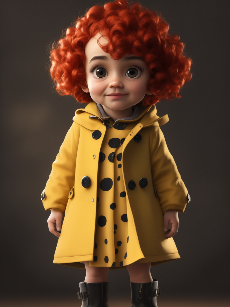 a little beautiful girl, Big Eyes, Button Nose, Small Mouth, Rosy Cheeks, Short Curly Hair, Polka Dot Dress, Yellow Raincoat and Boots, stands in the center, in 3D style, rendered using beautiful Disney animation, Pixar style, Disney style,