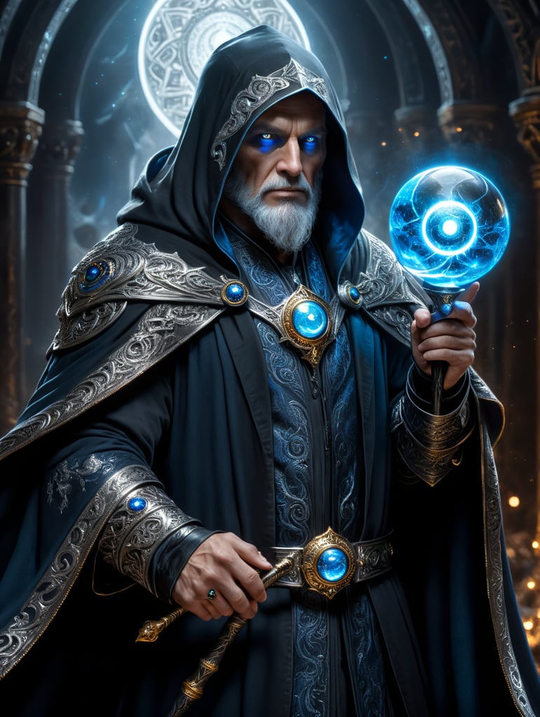 Halfing wizard divination silver starry black cloak gold eyes black and silver staff with blue glowing orb