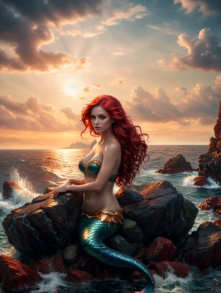 mermaid, red hair, on rock, sea and sky background