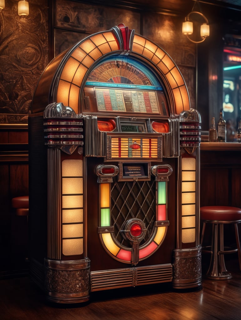 Retro jukebox in a bar, sharp focus, highly detailed,