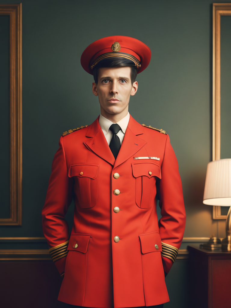 Vintage Portrait of hotel porter, Red uniform, Wes Anderson style, Incredibly high detail, Bright colors