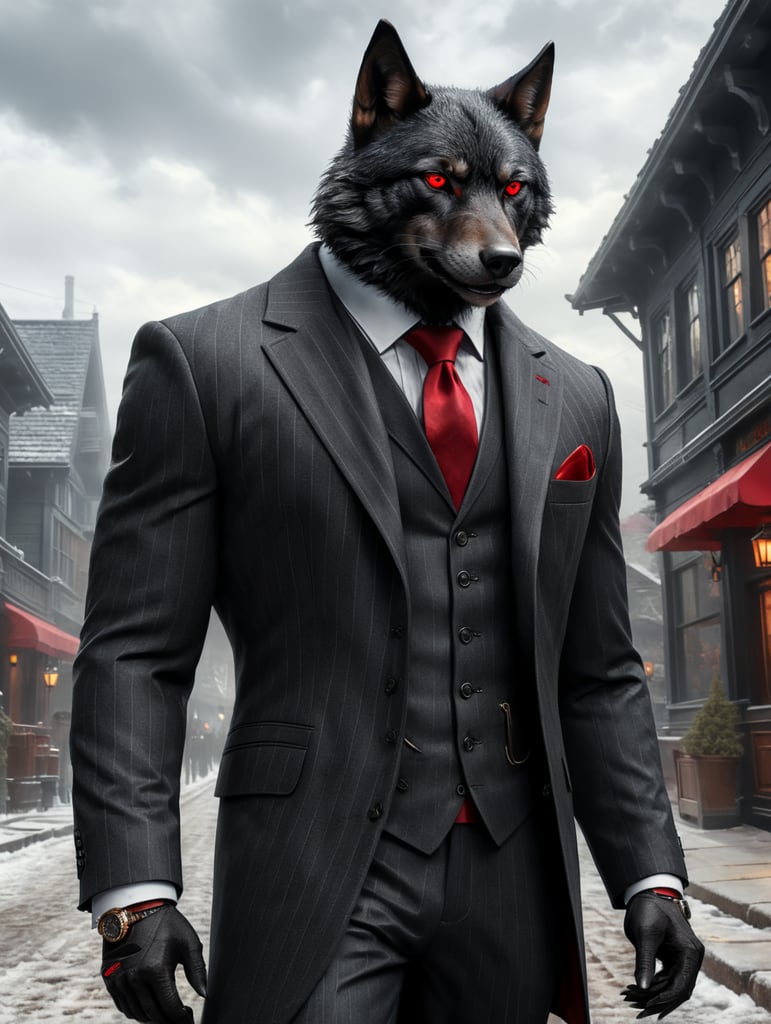 realistic black wolf with red eyes, wearing a grey pinstripe 3 piece suit that resemebles a sheepskin and monkstrap dress loafers,8k, unreal engine render, full body wearing a Rolex watch and pinky ring and neck tie