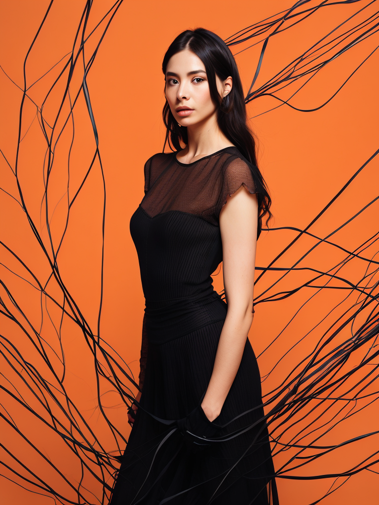 a fashion studio photo of a woman dressed in a black dress made of electrical wires, perfectly lit, solid orange background, Vivid saturated colors, Contrast color, studio photo, professional photo, Rich colors, Detailed image, detailed face