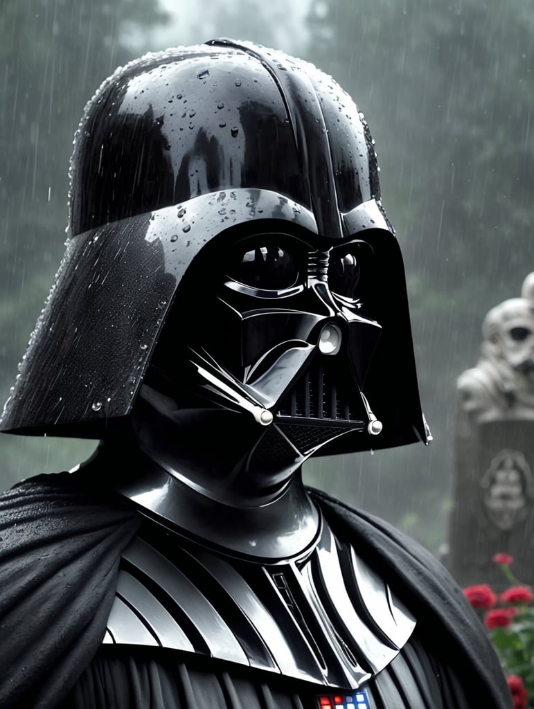 Darth vader with half his mask in his face scarred and depressed looking at padme's grave, star wars, depressing ,4k, rain, dark