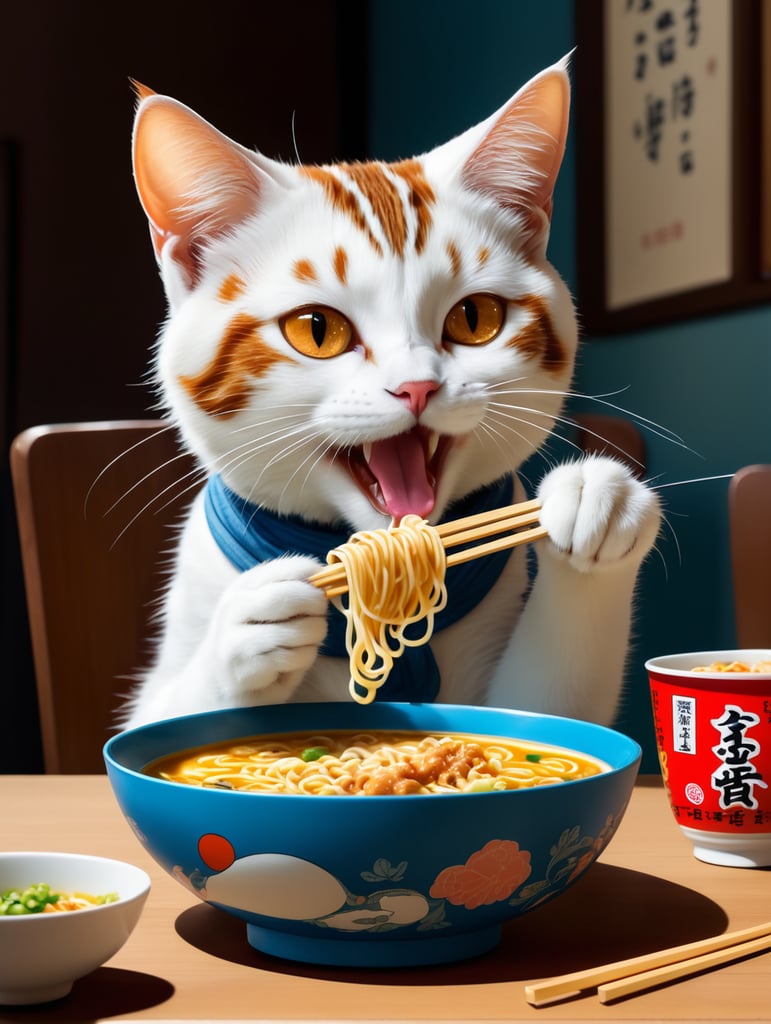 A cute white with brown spots cat eating ramen, illustration by hergé, stunning color scheme, masterpiece, manga style