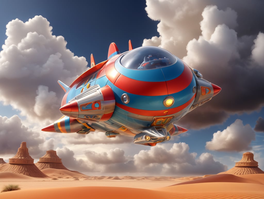 Isometric shiny spaceship is flying through stormy clouds over sand desert