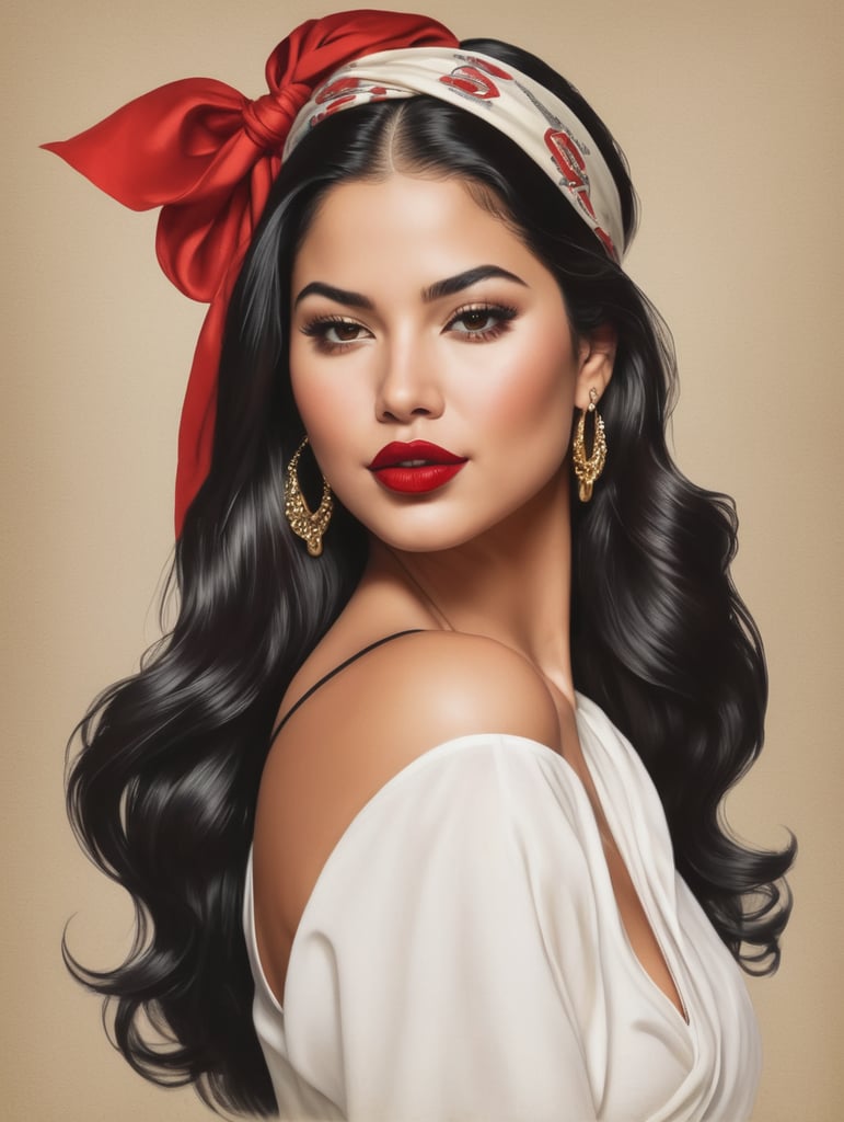 "Selena Quintanilla, the queen of Tejano. Her long, dark hair cascades down her back as she rocks a bold red lip and a bandana tied around her head. She exudes confidence as she struts her petite but curvy figure capturing her essence in todays fashion,