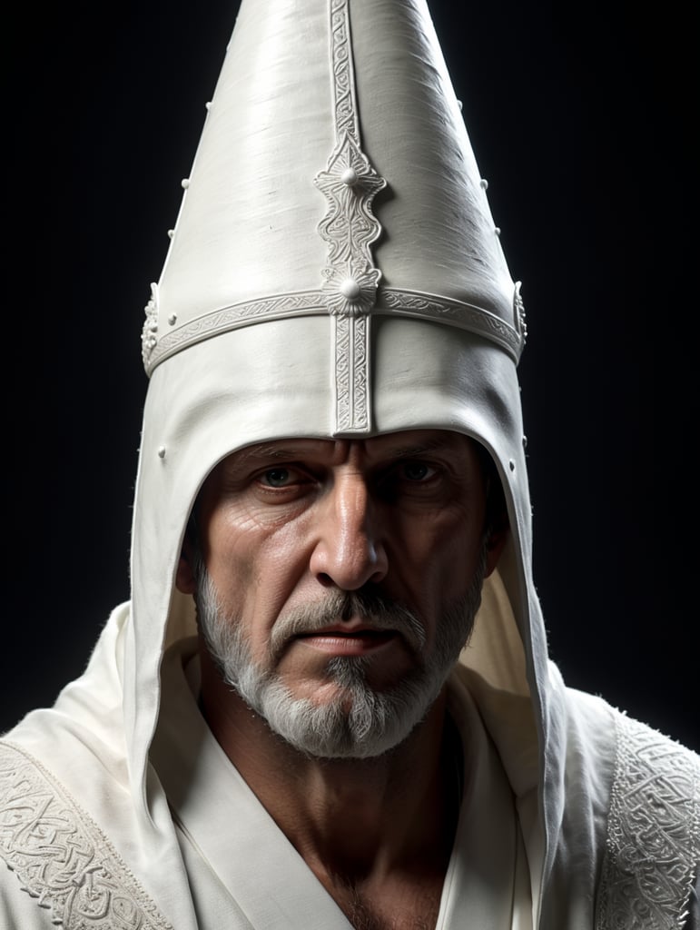 klan kkk man in blank white robe and long white cone shaped hat, medieval, fantasy