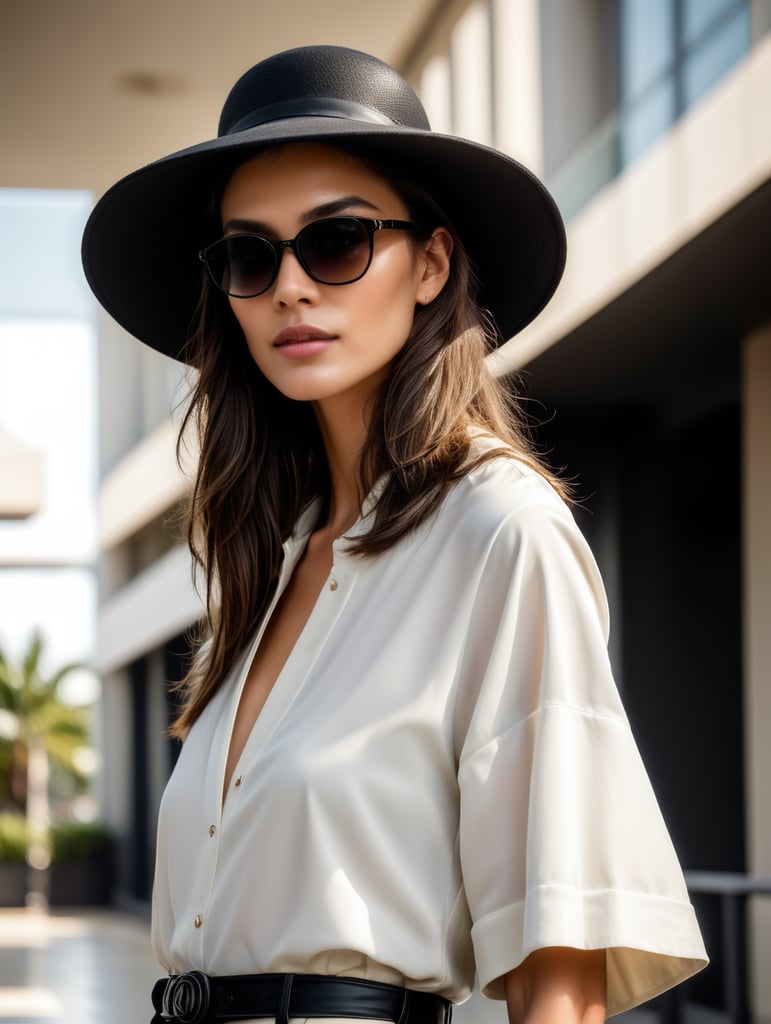 Fashion work feauturing a female model wearing minimalist women’s clothing, wearing a big hat and Chanel sunglasses, shot in a Bauhaus buiding with bright and soft lighting, creative a minimalist and sleek style with a sense of sophistication and high end feeling, fine lines and intricate details, realistic anatomies, Nikon D800, black and white photography with grain