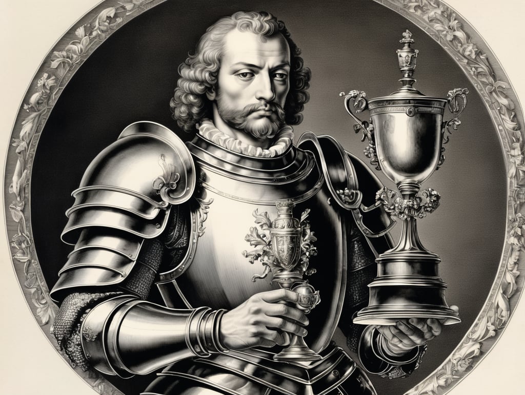 engraving by Hendrick Goltzius, a knight holding a chalice