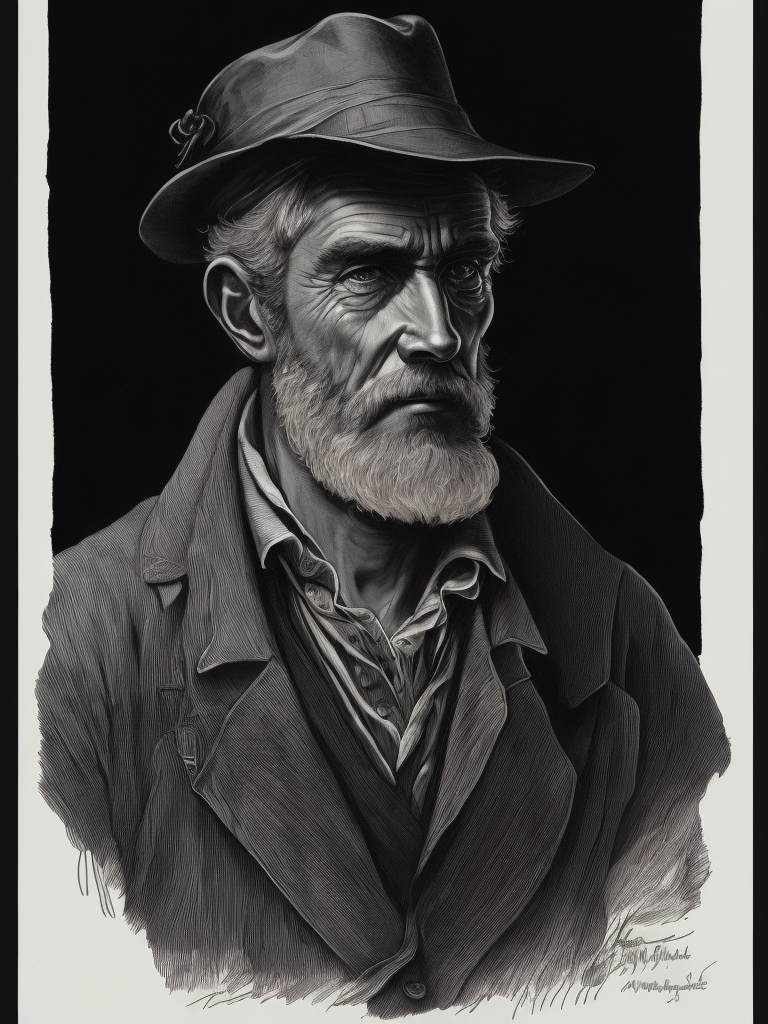 Portrait an old coal miner in 19th century, pen and ink, intricate line drawings