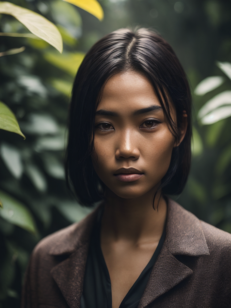 Indonesia, young woman in jungle, scifi, rainy, autumn, dark details