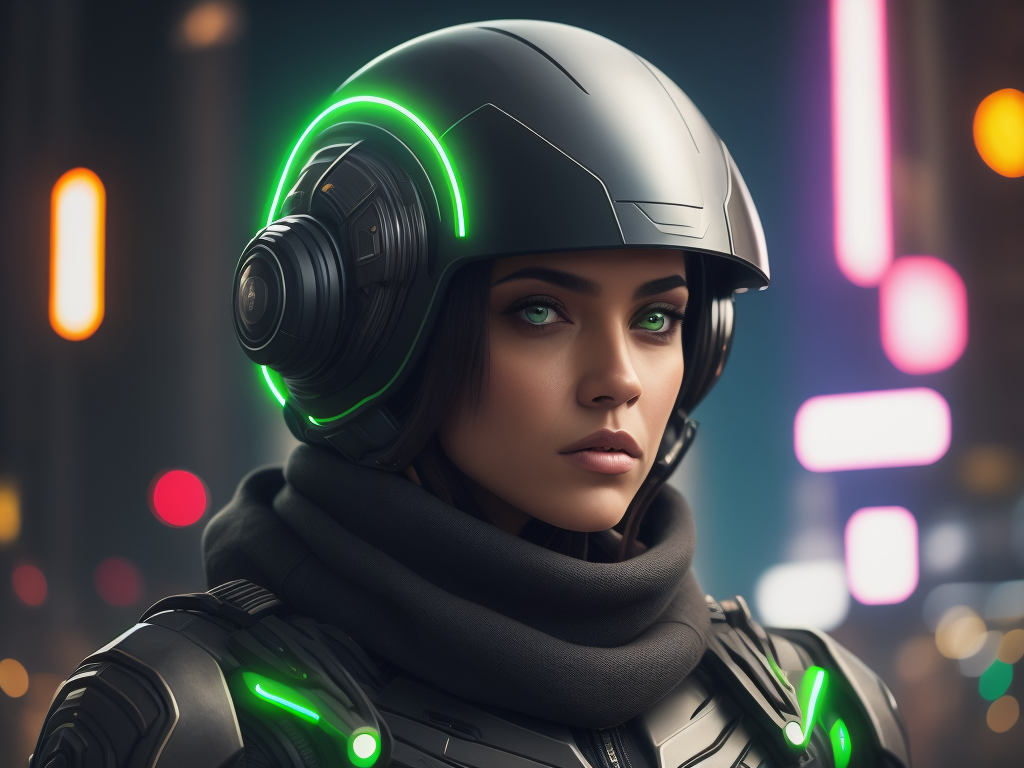 woman with electronic futuristic helmet, neon city background and neon green eyes