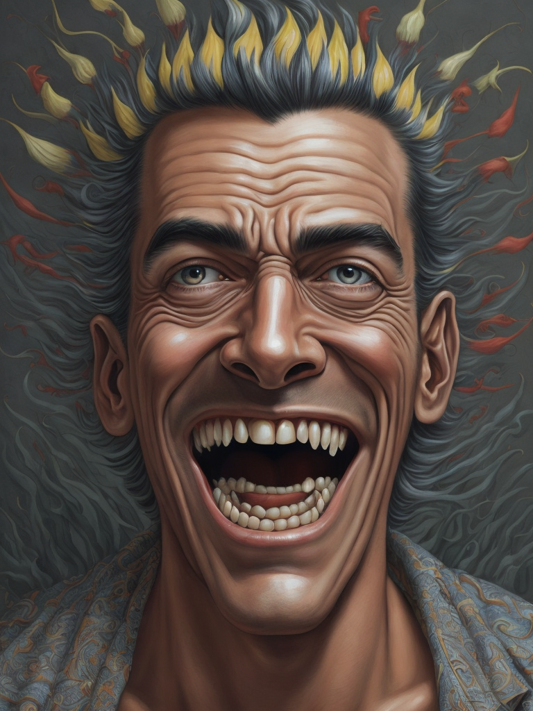 a painting depicting the head of a man with teeth, in the style of artist alex gross, dynamic colors, clear focus, surrealism, psychedelic overload, steve sack, highly detailed figures, nightmare, exuberant