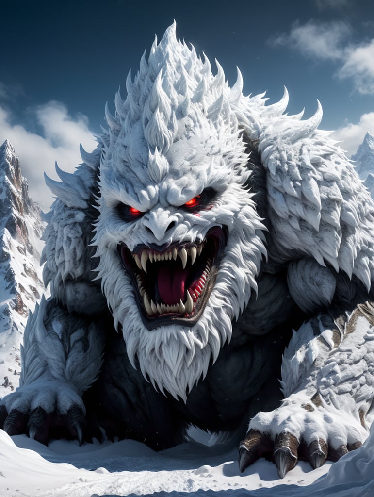 Create a white snow monster in the snow mountian