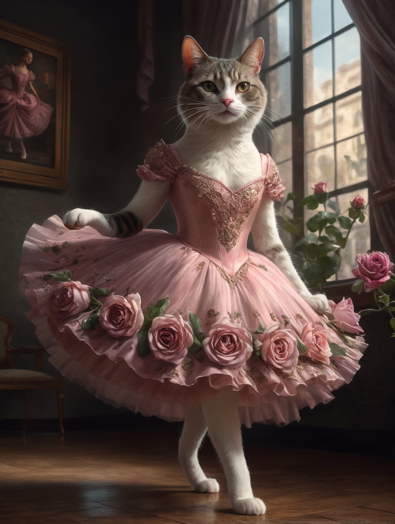 ballerina cat in a rose dress