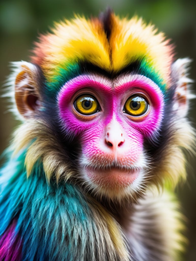 poto portrait makhluk berwarna-warni yang aneh tapi mempesona yang mana manusia akan menyebutnya monyet purba jika mereka pernah melihatnya, makhluk ini memiliki mata besar yang tidak normal tetapi sangat lucu, memiliki campuran bulu berwarna cerah dengan expresi seolah melamun