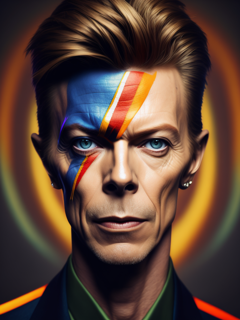 Portrait of David Bowie, bright and saturated colors, elegant, highly detailed, vogue, fashion magazine, sharp focus, Bright expressive makeup, Dramatic Lighting, Depth of field, Incredibly high detailed, blurred background