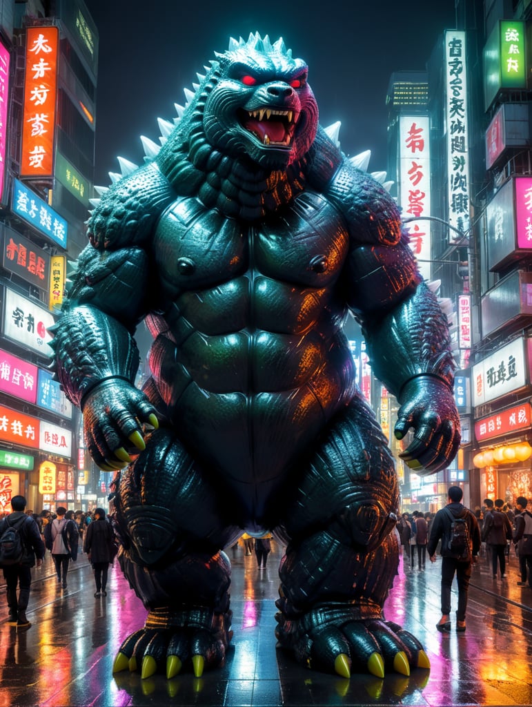 A giant Japanese gummy bear godzilla, translucent, 4 stories tall, walking through Tokyo at night, neon rainy city, cyberpunk, techno city