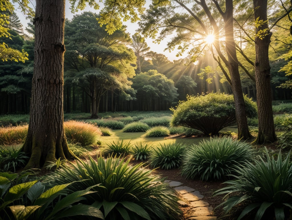 A photorealistic snapshot of a serene woodland scene from my backyard. Highlighting the vibrant flora and fauna, with the golden hues of the setting sun casting a warm and enchanting glow.
