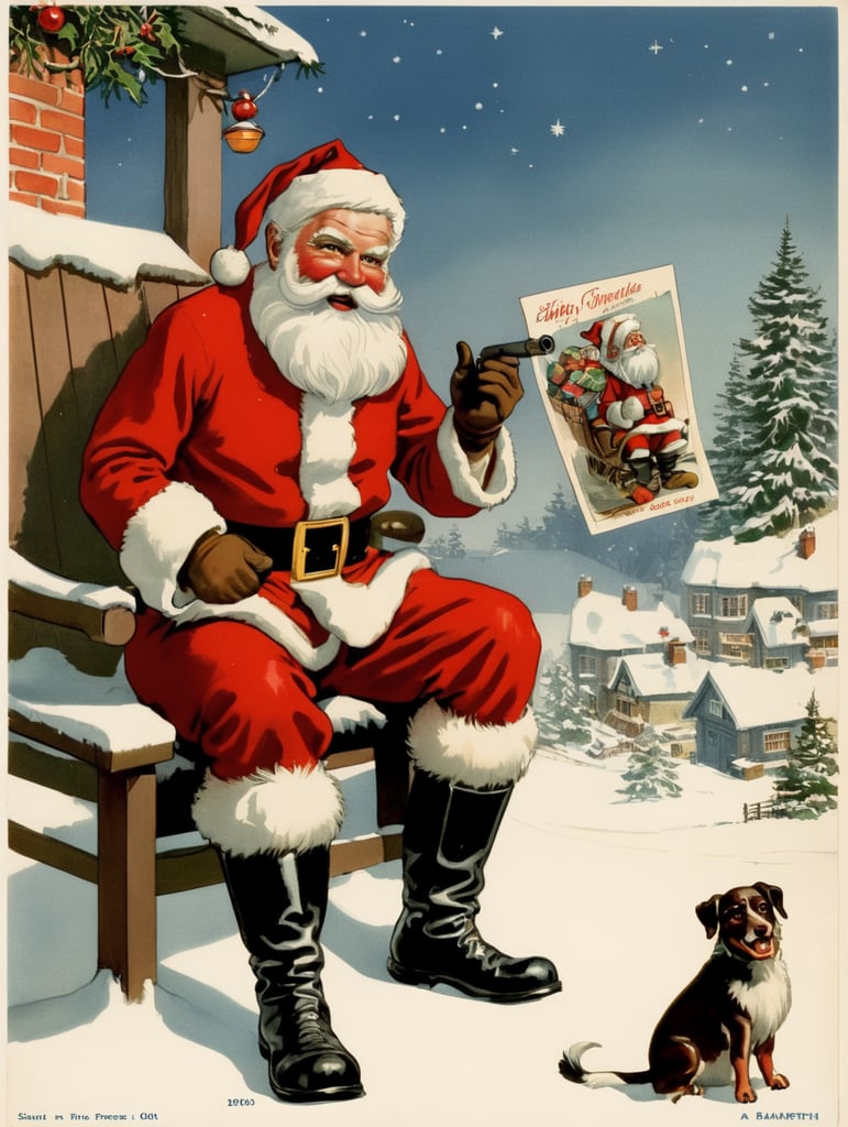 Illustration of a Santa in the style of Donald Fraser Gould McGill and a Bamforth postcard