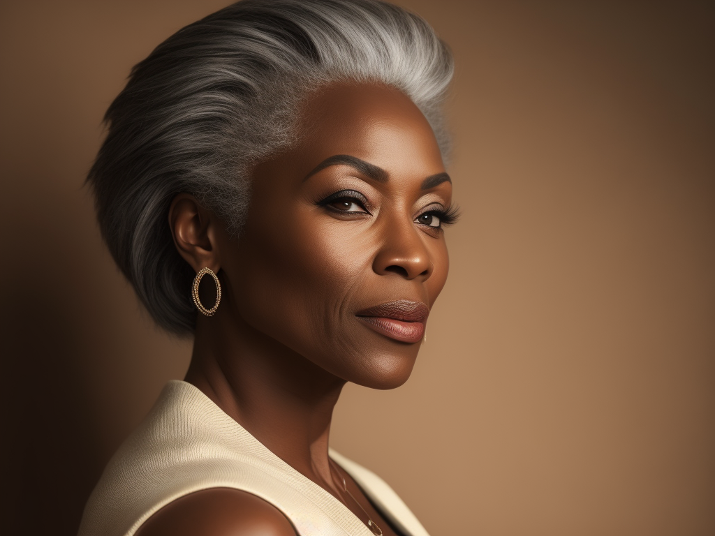 A 40yr old African supermodel with classic natural Chanel make-up and beautifully styled hair, beautiful pores and skin texture, wearing plain neutral colour top with open neckline, detailed high resolution image, grey hair, natural Clinique style image, soft lighting, gentle expression, she is content with her age