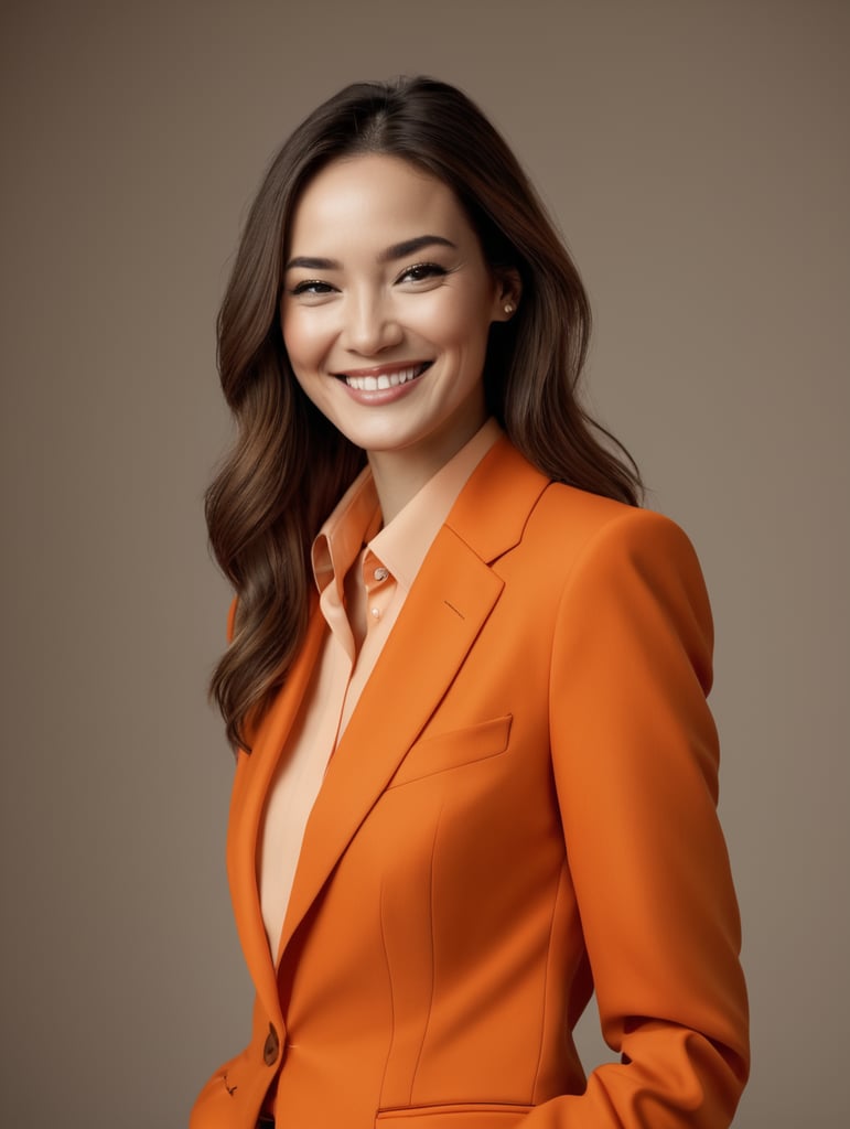 a women with an orange suit and smily face