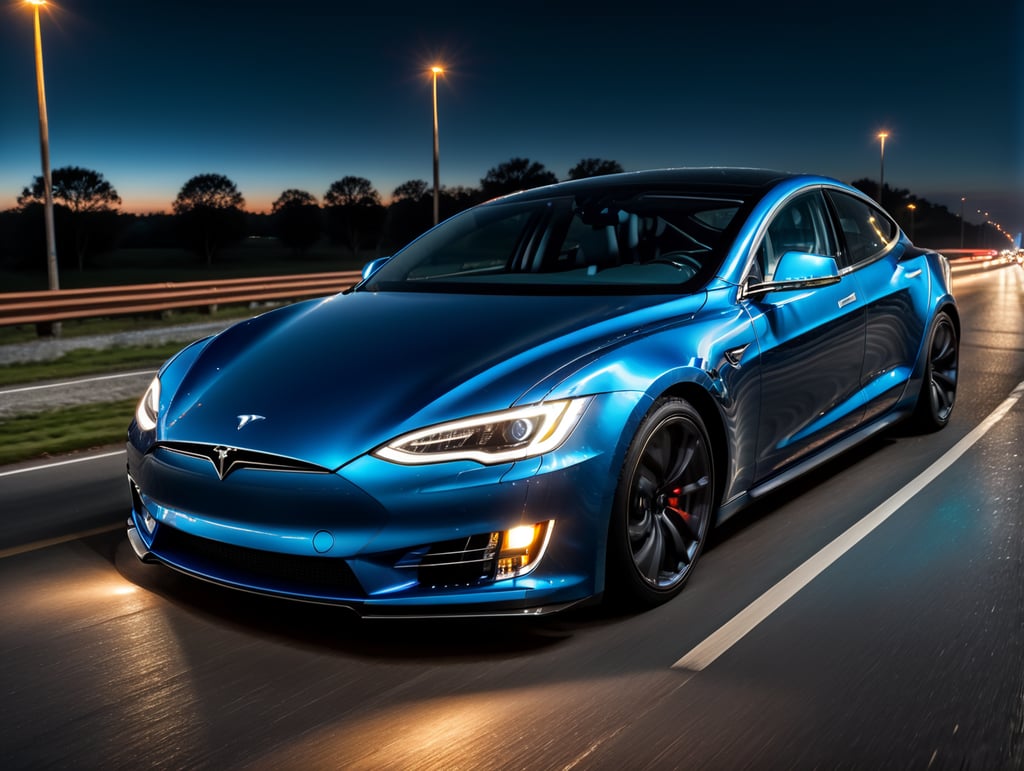 focusing on the front part of the car and the headlights, render a highly detailed, clean, tesla car speeding on highway from right to left with blue neon lights, blue headlights