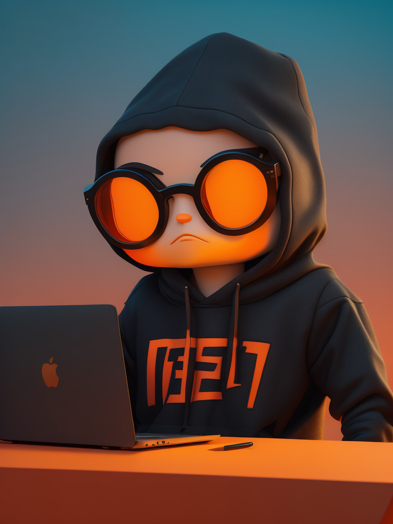 AI bot typing laptop, a cute AI bot wearing black hoodie and glasses, orange color, funko pop, vibrant gradient background,