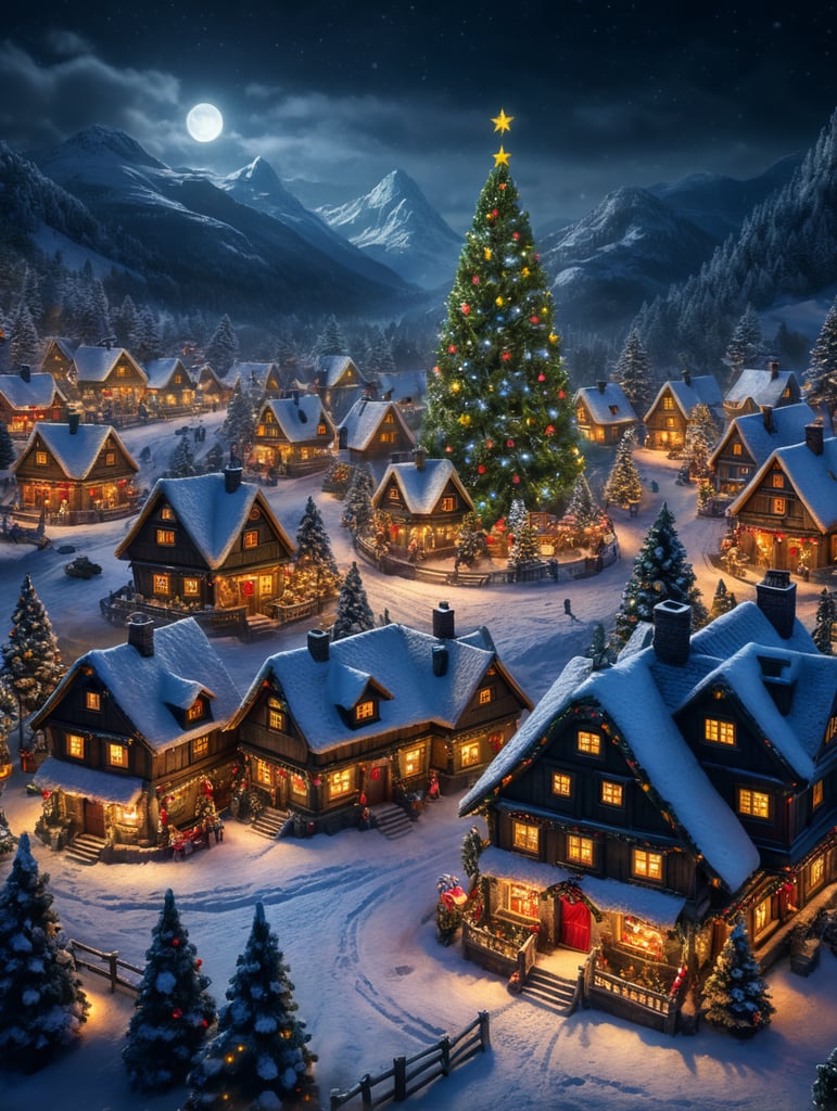 Snowy christmas night village with a focus on santa clause , christmas tree realastic image
