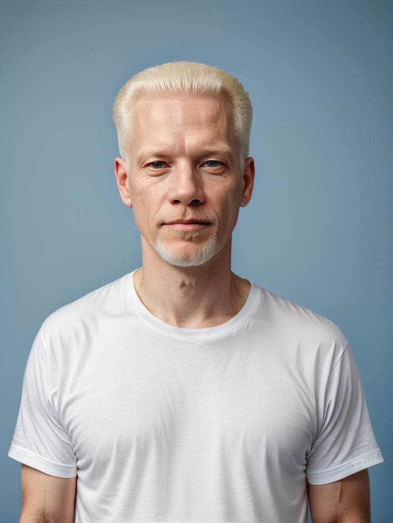 A middle-aged albino man wearing a white T-shirt, isolated, blue background, mockup, mock up
