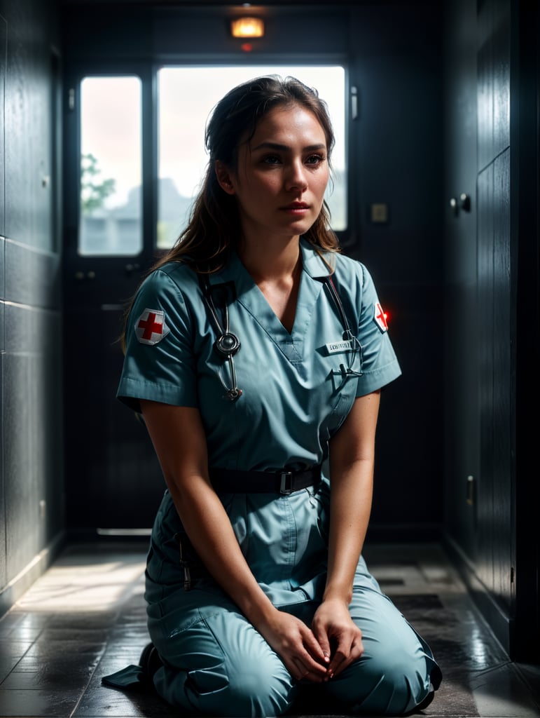 Portrait of a female working nurse, sitting on the floor in the hallway, sad face, sad colors and atmosphere, the light from the window illuminates her face, low angle photo