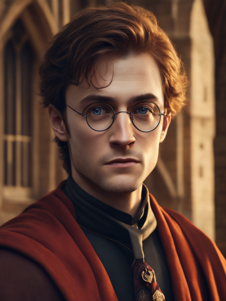 Portrait of Harry Potter in medieval style, detailed face, contrasting light, Against the backdrop of the castle,