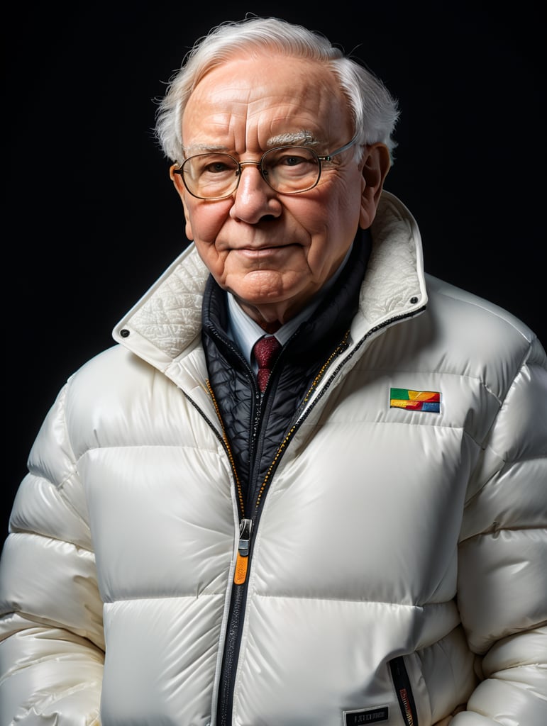 Professional photo glamour of Warren Buffet looking stylish in a white puffer jacket
