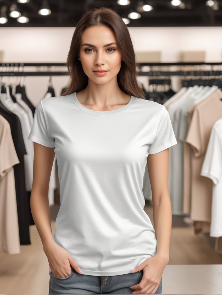 Woman wearing blank T-Shirt in Clothing Store Mockup