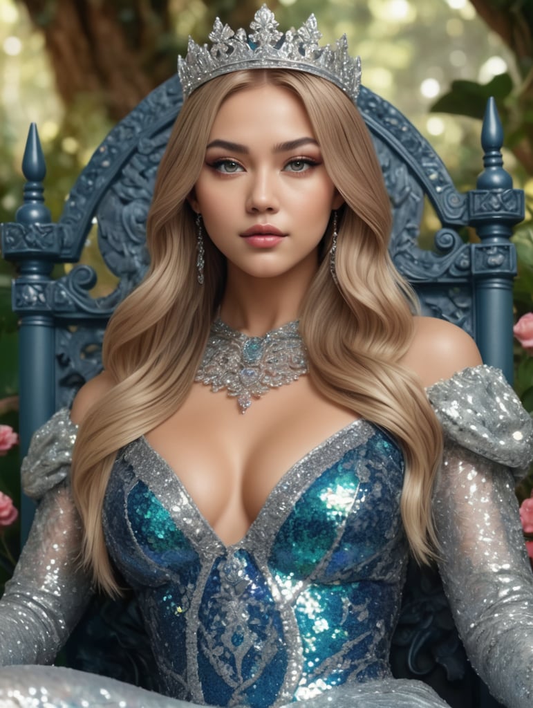 Photograph of a beautiful female queen looking like Lalisa Manoban sitting on a throne in a corner of a rose garden in a cool rainforest, detail of her beautiful plump face with perfect makeup, wearing a gorgeous holographic sequin dress with floral patterns, straight dark blonde hair with ombré, wearing a crown, body detail perfectly proportioned, perfect lighting, perfect anatomy, photorealism, hyper-detailing, hyper-realism, masterpiece, HD 8K resolution and blue gray eye color