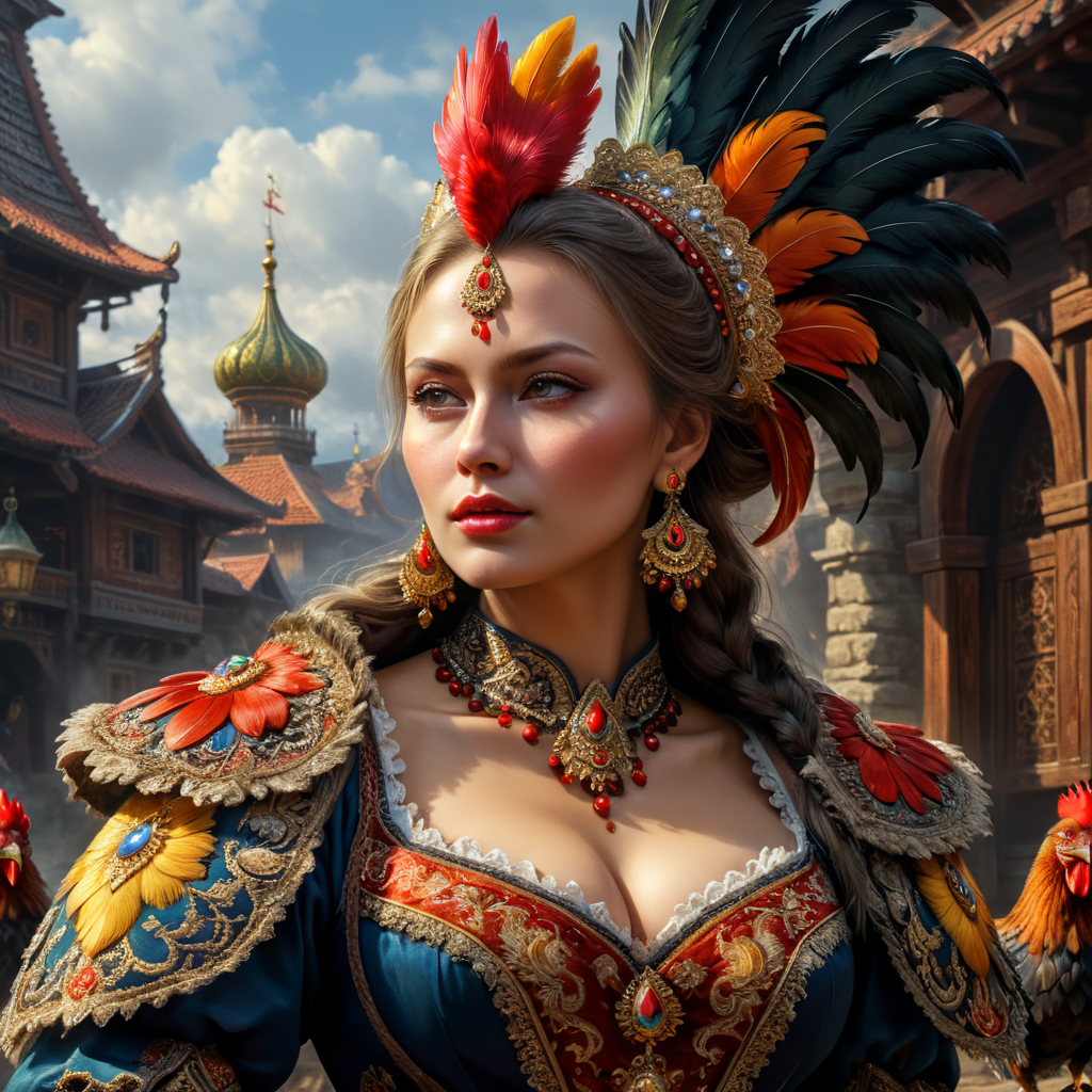 Portrait of a Beautiful women from Russian fairytale wearing traditional costume wearing a Rooster cosplay.